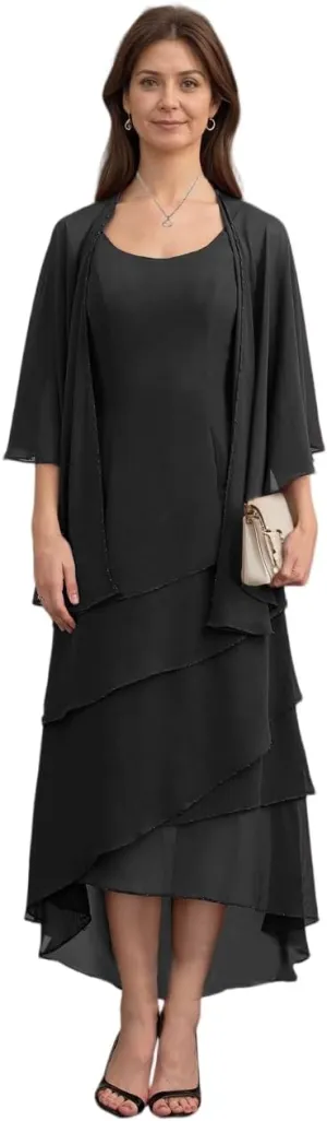 2 Piece Mother of The Bride Dresses for Wedding Ruffle Mother of The Groom Dress Chiffon Formal Evening Gown with Cape