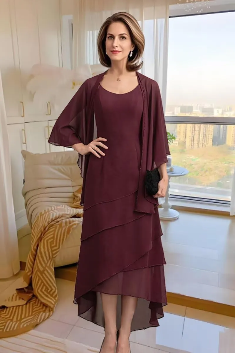 2 Piece Mother of The Bride Dresses for Wedding Ruffle Mother of The Groom Dress Chiffon Formal Evening Gown with Cape