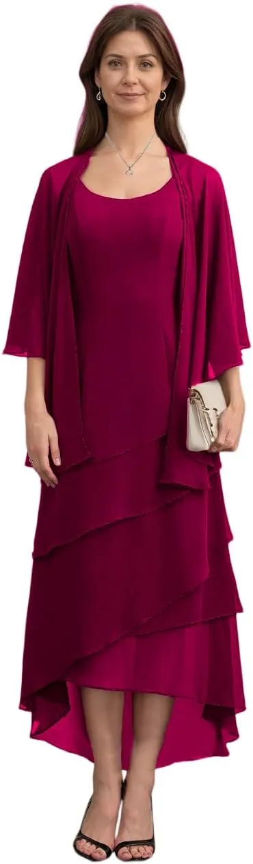 2 Piece Mother of The Bride Dresses for Wedding Ruffle Mother of The Groom Dress Chiffon Formal Evening Gown with Cape