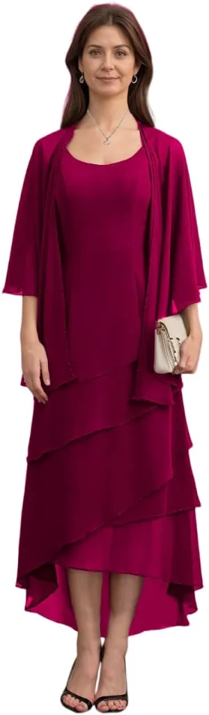 2 Piece Mother of The Bride Dresses for Wedding Ruffle Mother of The Groom Dress Chiffon Formal Evening Gown with Cape