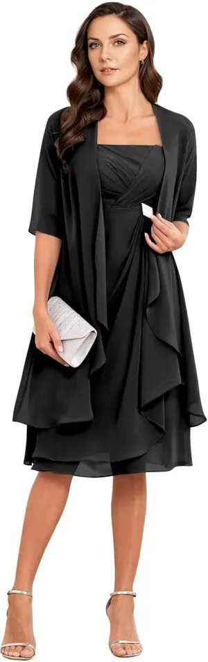 2 Pieces Mother of The Bride Dresses Half Sleeve Chiffon Formal Evening Dress for Wedding