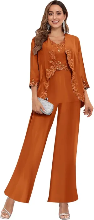 3 Piece Mother of The Bride Pant Suits for Women Dressy Wedding Chiffon Beaded Formal Evening Party Pantsuit