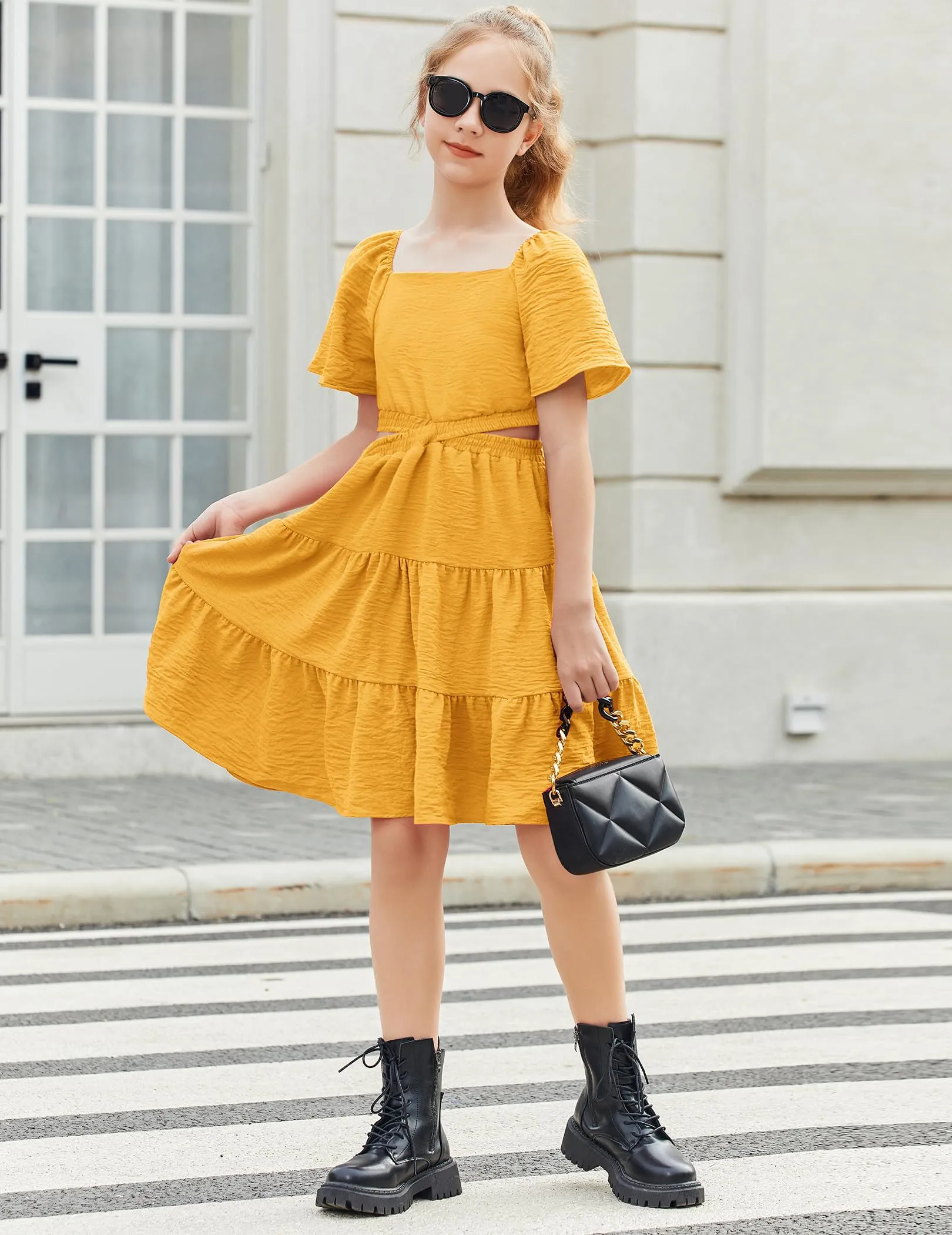 Arshiner Girls Dresses Off Shoulder Cut Out Shirred Tiered Vacation Yellow Spring Dress 13-14