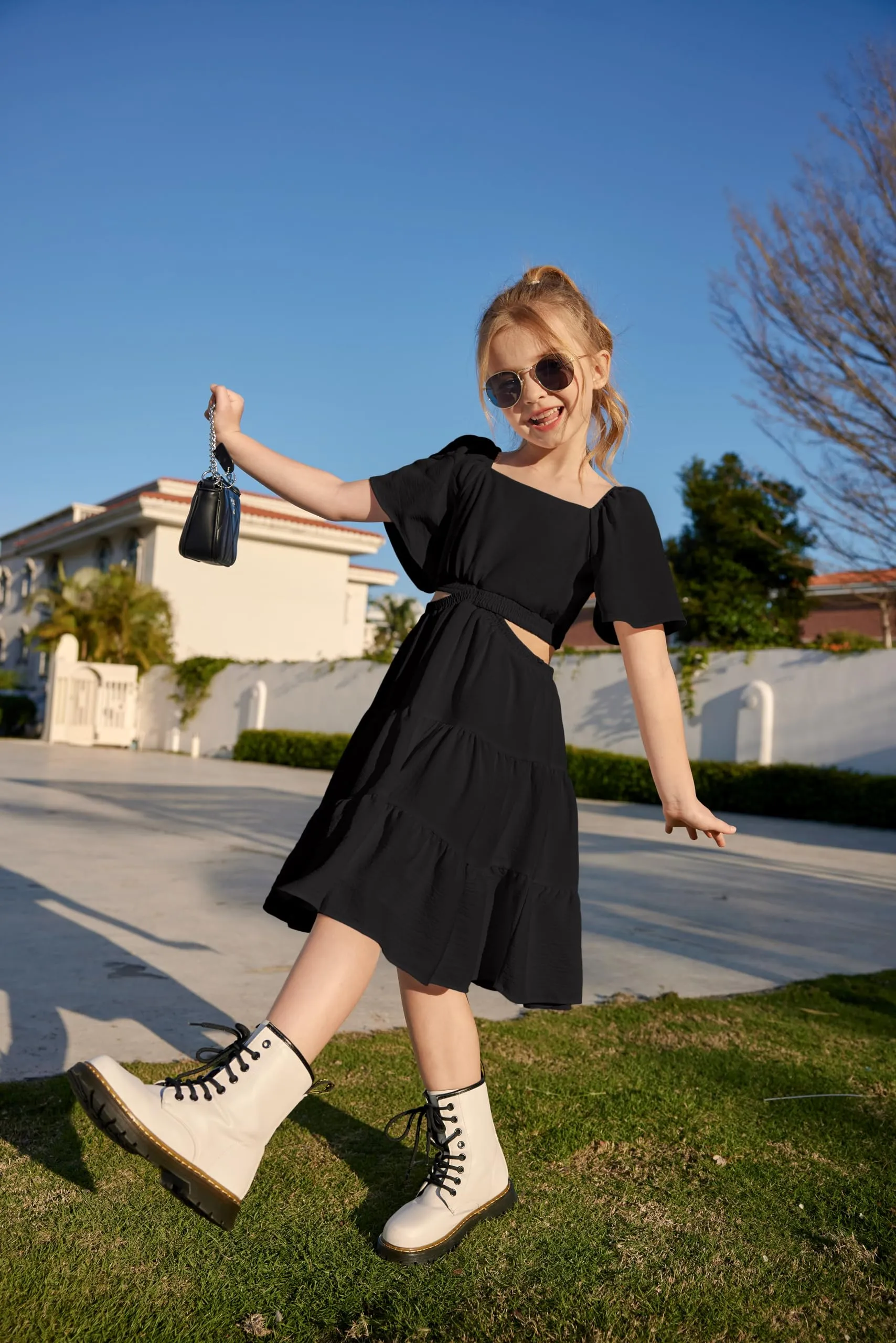 Arshiner Girls Dresses Square Neck Cut Out Shirred Ruffle Hem Funeral Semi Formal Black Dress Size 13-14