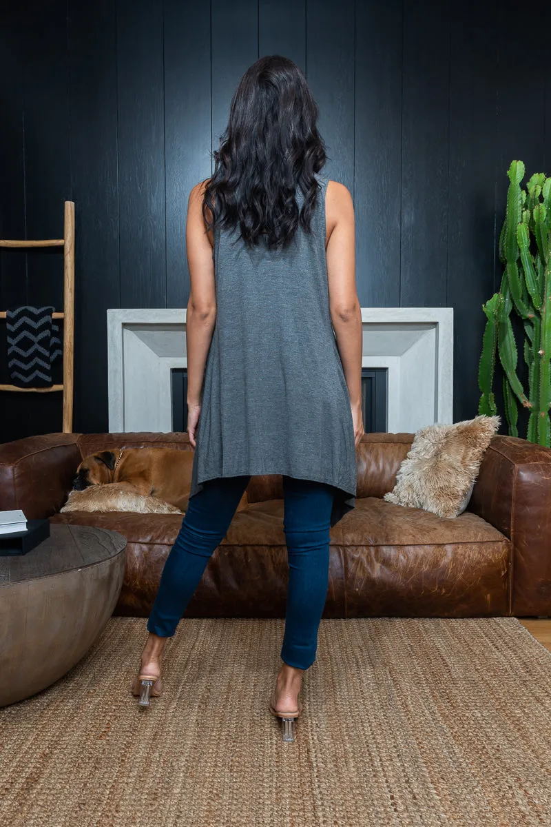 Asymmetrical Handkerchief Draped Open Front Sleeveless Duster Cardigan Vest (MJ6002)