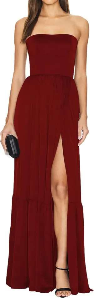 Azhong Women's Strapless Tube Maxi Dress Ruched High Waist Side Slit Beach Party Cocktail Long Dress