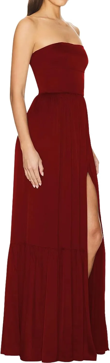 Azhong Women's Strapless Tube Maxi Dress Ruched High Waist Side Slit Beach Party Cocktail Long Dress