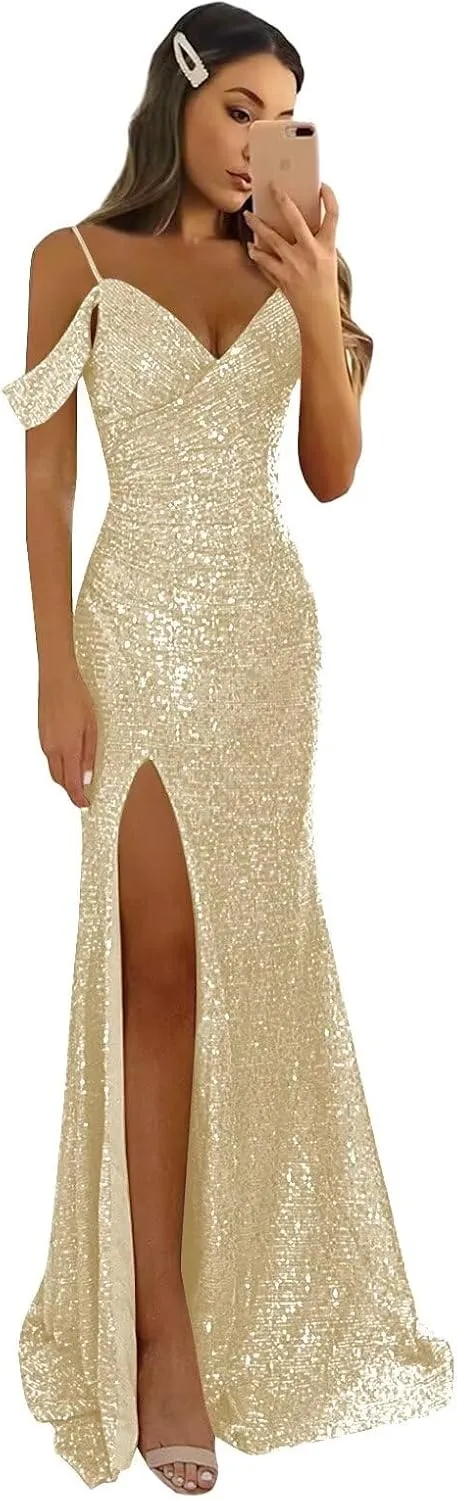 BANTRATIC Sequin Mermaid Prom Dress for Women Long Off Shoulder Sparkly Bridesmaid Dresses with Slit Formal Evening Gown