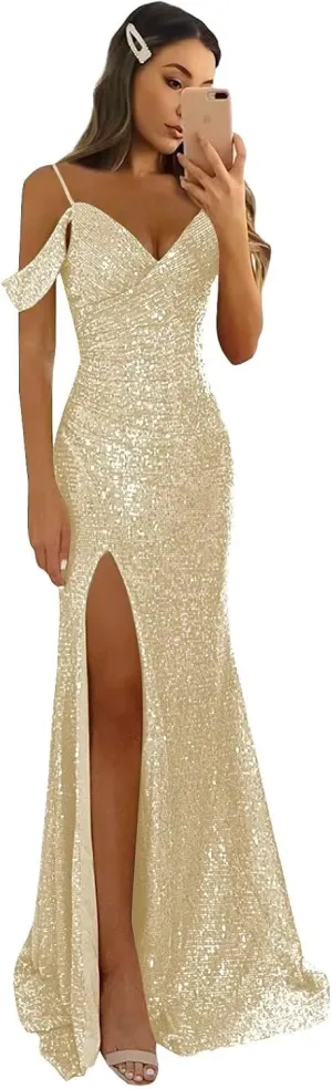 BANTRATIC Sequin Mermaid Prom Dress for Women Long Off Shoulder Sparkly Bridesmaid Dresses with Slit Formal Evening Gown