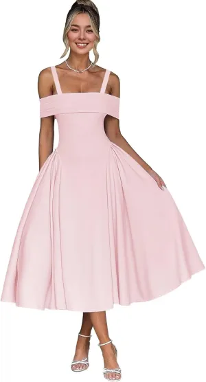 Bardot Neckline Formal Midi Dress for Women Elegant Plus Size Tea Length Prom Party Dresses Swing A Line