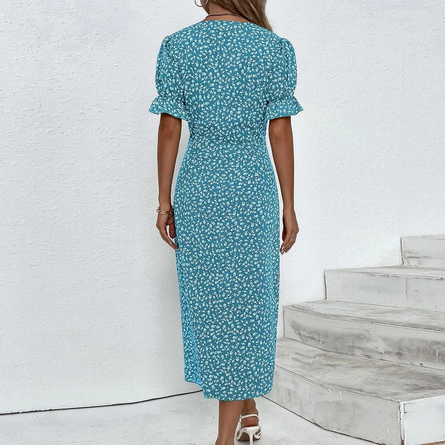 Beach Dresses for Women 2025 Vacation Spring Summer Boho Dress Short Sleeve V Neck Dresses Irregular Hem Midi Dress