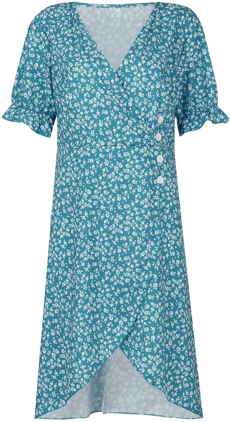 Beach Dresses for Women 2025 Vacation Spring Summer Boho Dress Short Sleeve V Neck Dresses Irregular Hem Midi Dress