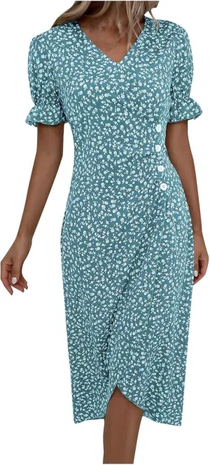 Beach Dresses for Women 2025 Vacation Spring Summer Boho Dress Short Sleeve V Neck Dresses Irregular Hem Midi Dress