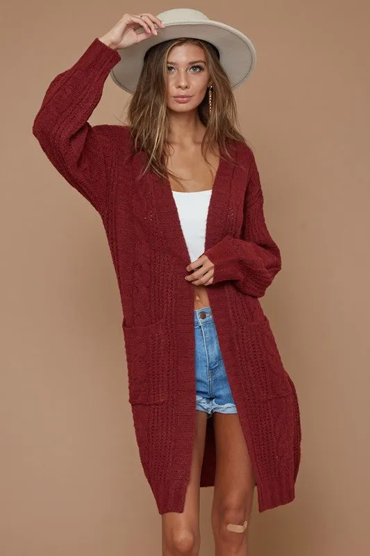 BiBi Cable-Knit Open Front Long Sleeve Cardigan