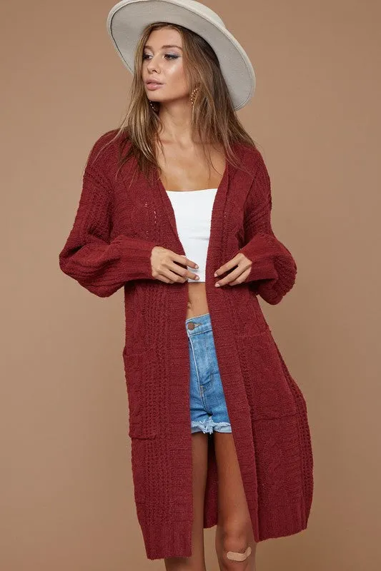 BiBi Cable-Knit Open Front Long Sleeve Cardigan
