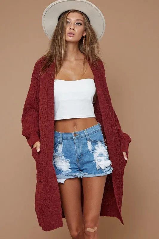 BiBi Cable-Knit Open Front Long Sleeve Cardigan