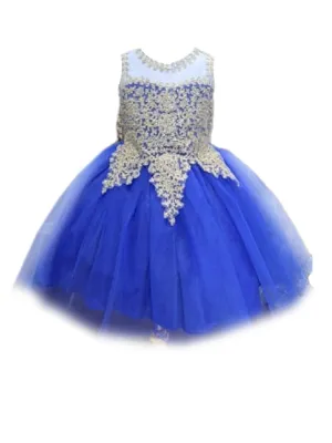 Big Girls Royal Blue Embroidered Illusion Neckline Junior Bridesmaid Dress 8-18