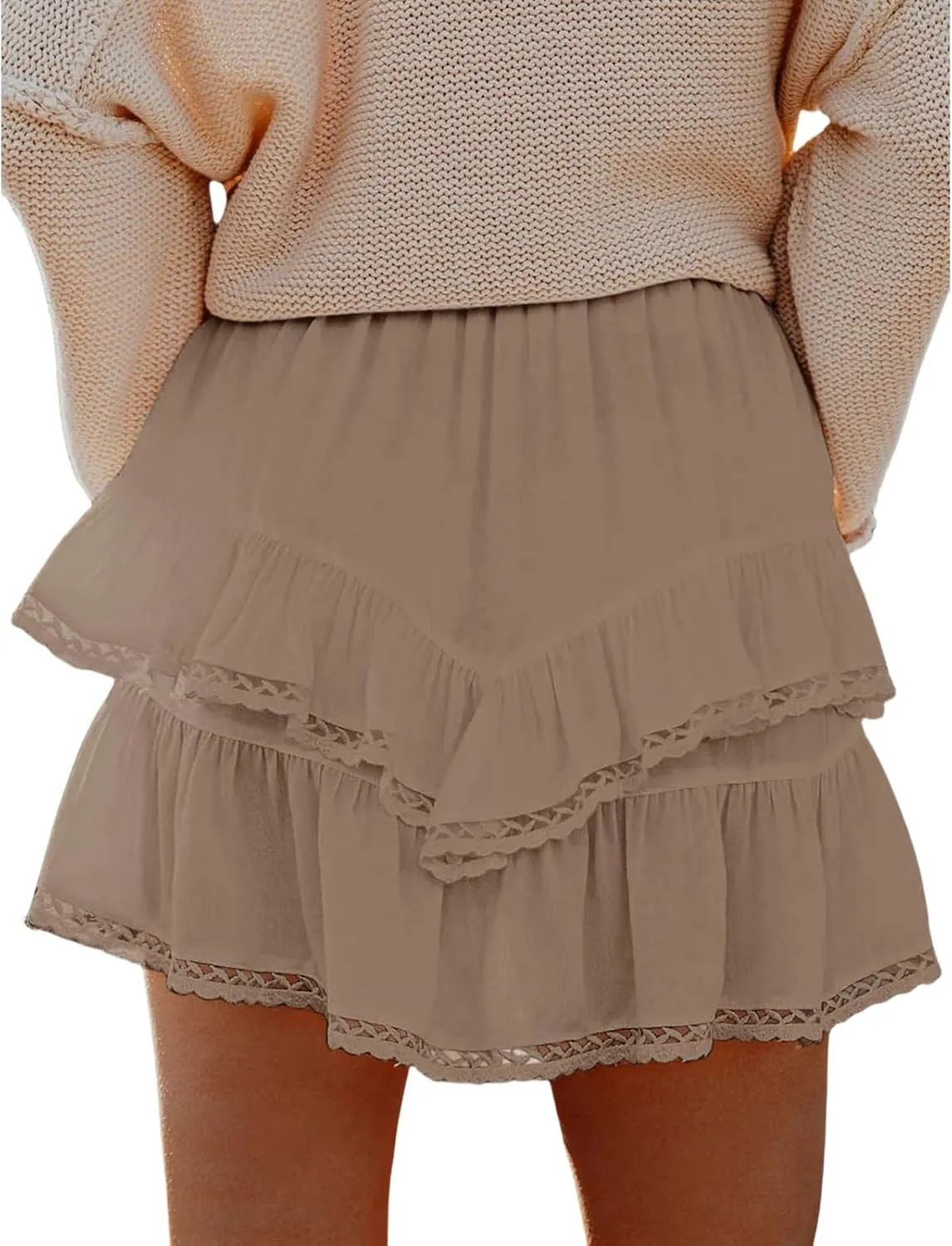 Boho Mini Skirts for Women Summer Flowy Elastic High Waist Tiered Ruffle Hem Skorts Casual Fashion Lace Beach Skirts