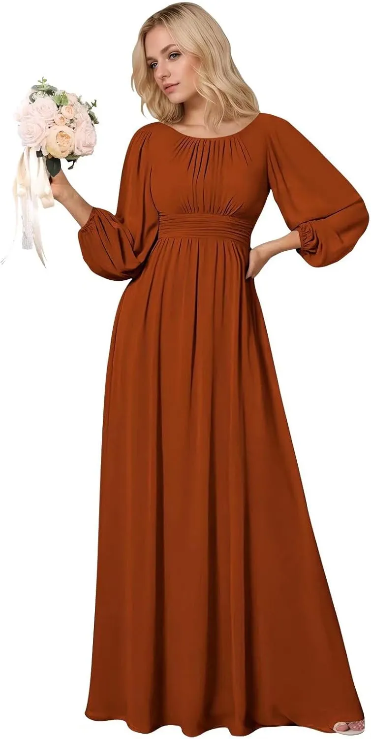 BOLENSYE Long Formal Dresses for Women with Lantern Sleeves A Line Chiffon Ruched Bridesmaid Dress Evening Gowns