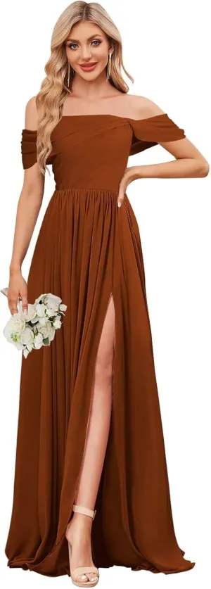 BOLENSYE Off The Shoulder Bridesmaid Dresses Long Chiffon Ruched A Line Evening Party Gown for Women with Slit