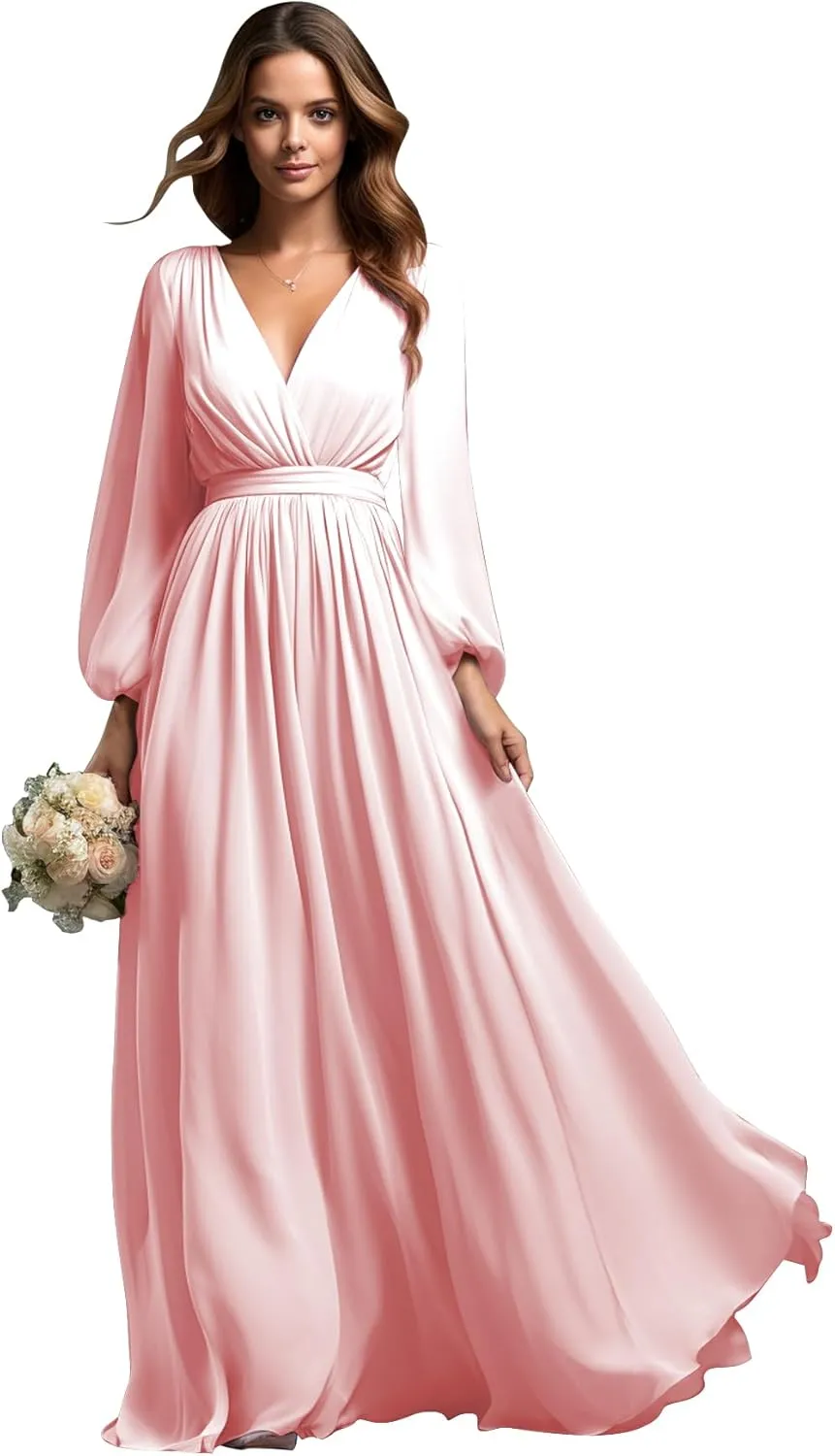 BOLENSYE Women's Bridesmaid Dresses with Sleeves V Neck Long Slit Formal Evening Party Gown