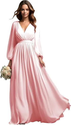 BOLENSYE Women's Bridesmaid Dresses with Sleeves V Neck Long Slit Formal Evening Party Gown
