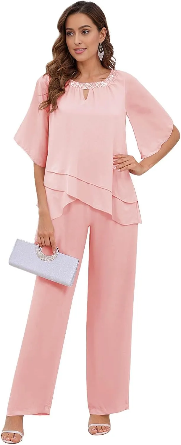 BONOYUER 2 Pieces Mother of The Bride Pant Suits for Women Dressy Chiffon Wedding Guest Pantsuits with Sleeves