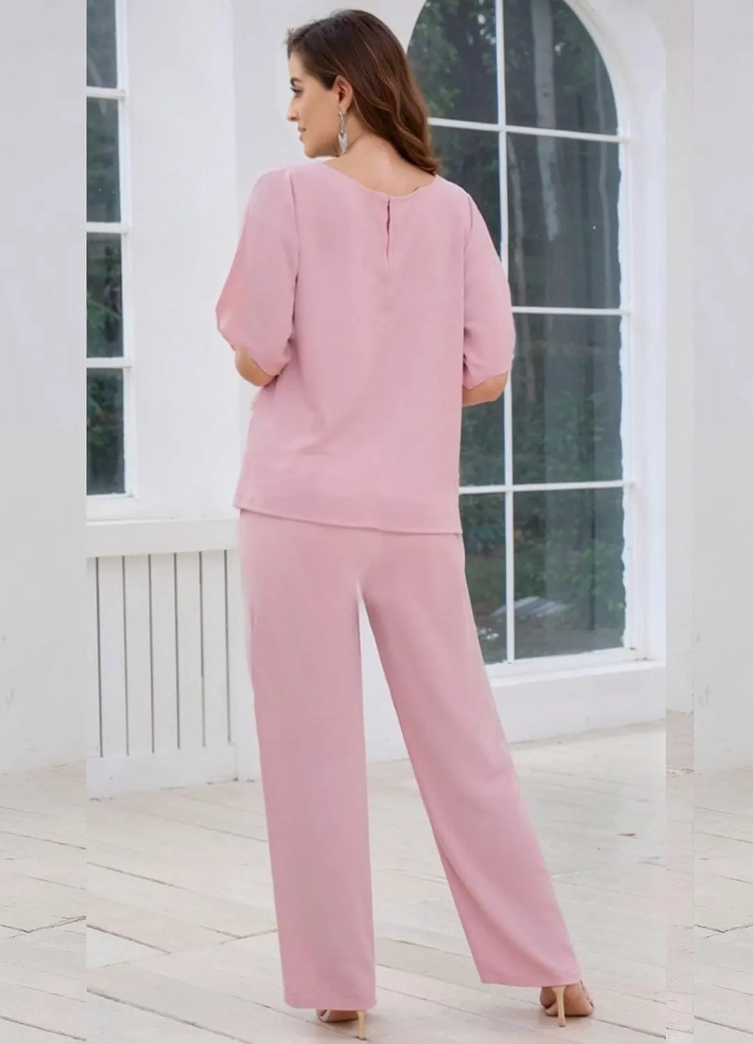 BONOYUER 2 Pieces Mother of The Bride Pant Suits for Women Dressy Chiffon Wedding Guest Pantsuits with Sleeves