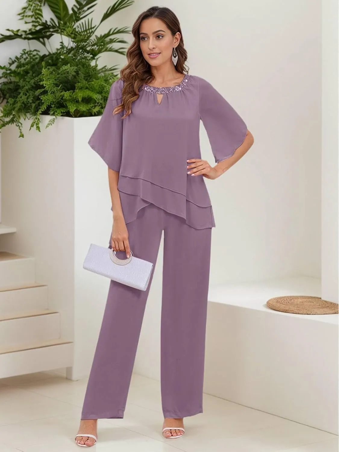 BONOYUER 2 Pieces Mother of The Bride Pant Suits for Women Dressy Chiffon Wedding Guest Pantsuits with Sleeves