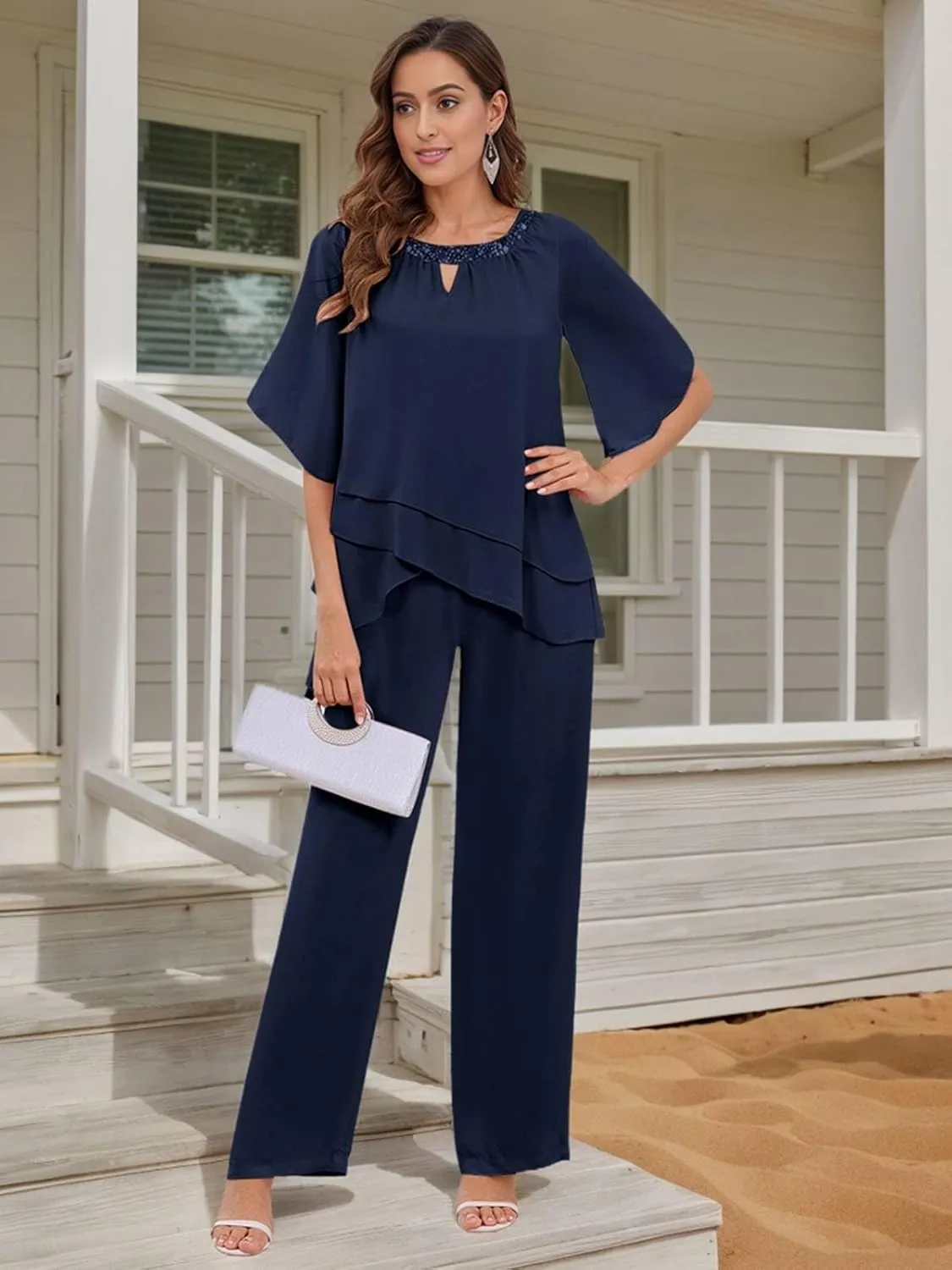 BONOYUER 2 Pieces Mother of The Bride Pant Suits for Women Dressy Chiffon Wedding Guest Pantsuits with Sleeves
