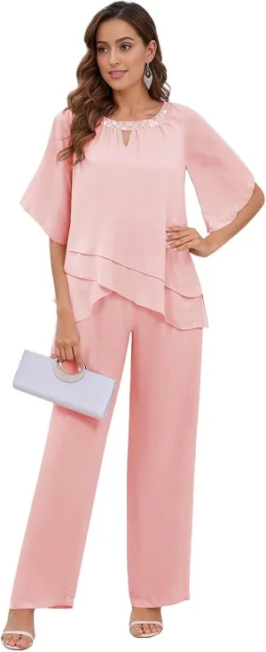 BONOYUER 2 Pieces Mother of The Bride Pant Suits for Women Dressy Chiffon Wedding Guest Pantsuits with Sleeves