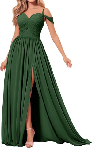 Bridesmaid Dresses Off-Shoulder Chiffon Pleated with Slit Formal Evening Gown for Womens