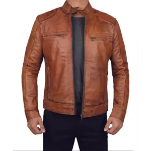 Brown Cafe Racer Motorcycle Mens Distressed Leather Jacket