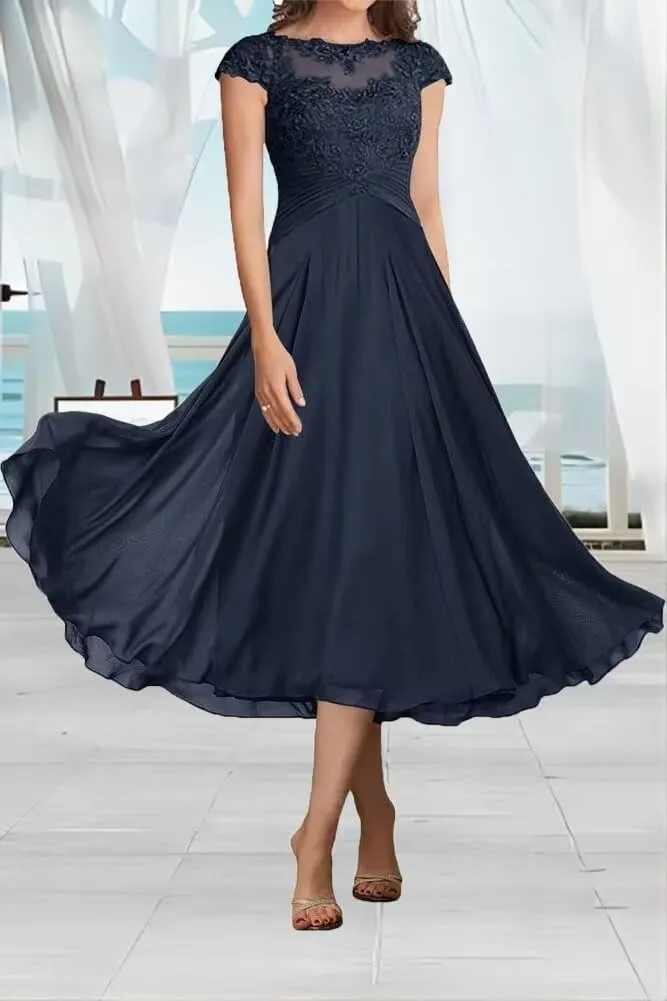 Cap Sleeves Mother of Bride Dresses Scoop Neck Laces Chiffon Mother of The Groom Dress for Women Elegant Mother Dress