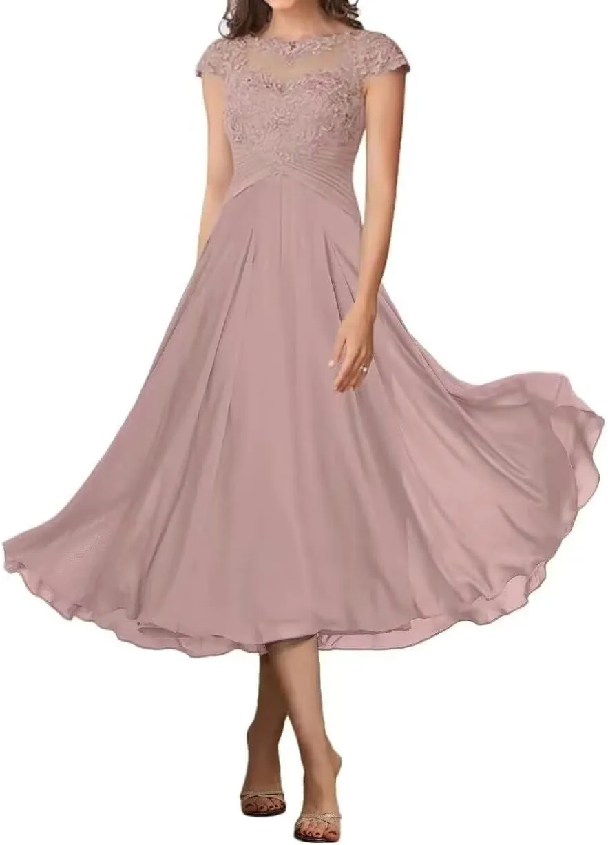 Cap Sleeves Mother of Bride Dresses Scoop Neck Laces Chiffon Mother of The Groom Dress for Women Elegant Mother Dress