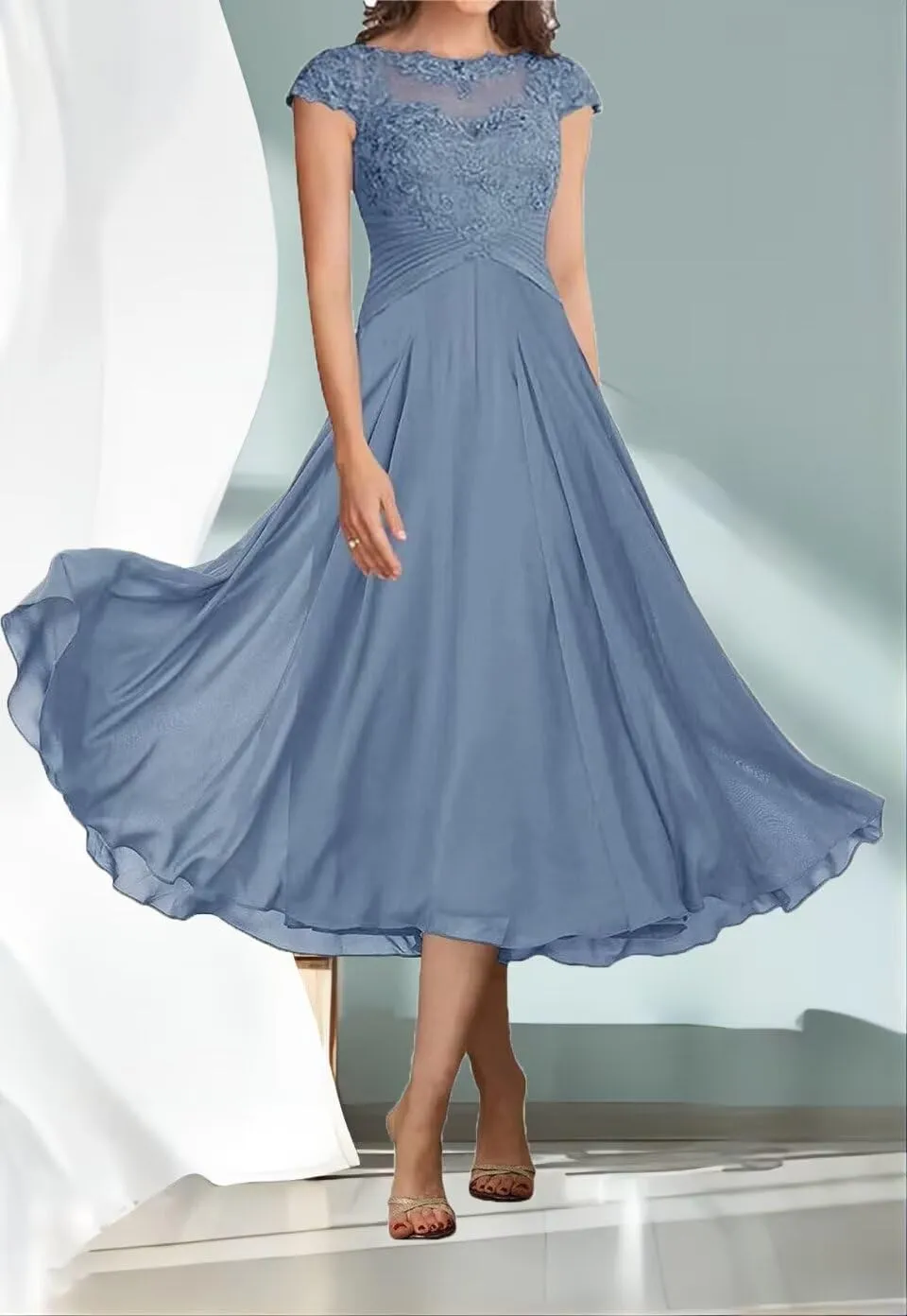 Cap Sleeves Mother of Bride Dresses Scoop Neck Laces Chiffon Mother of The Groom Dress for Women Elegant Mother Dress