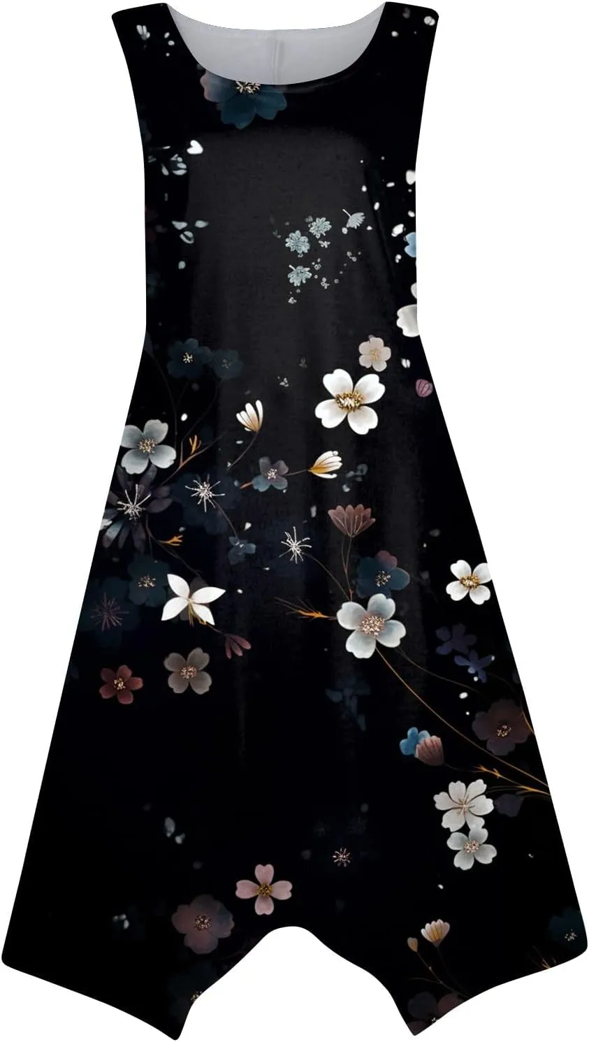 Casual Summer Dresses for Women 2024 Vacation Sleeveless Sundress Midi Loose Hankerchief Hem Beach Dress Tank Dress