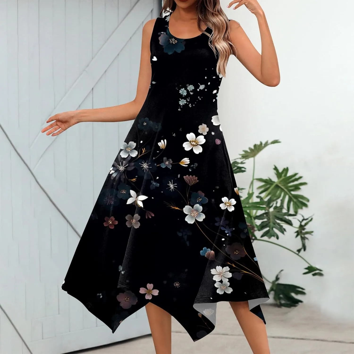 Casual Summer Dresses for Women 2024 Vacation Sleeveless Sundress Midi Loose Hankerchief Hem Beach Dress Tank Dress