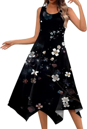 Casual Summer Dresses for Women 2024 Vacation Sleeveless Sundress Midi Loose Hankerchief Hem Beach Dress Tank Dress