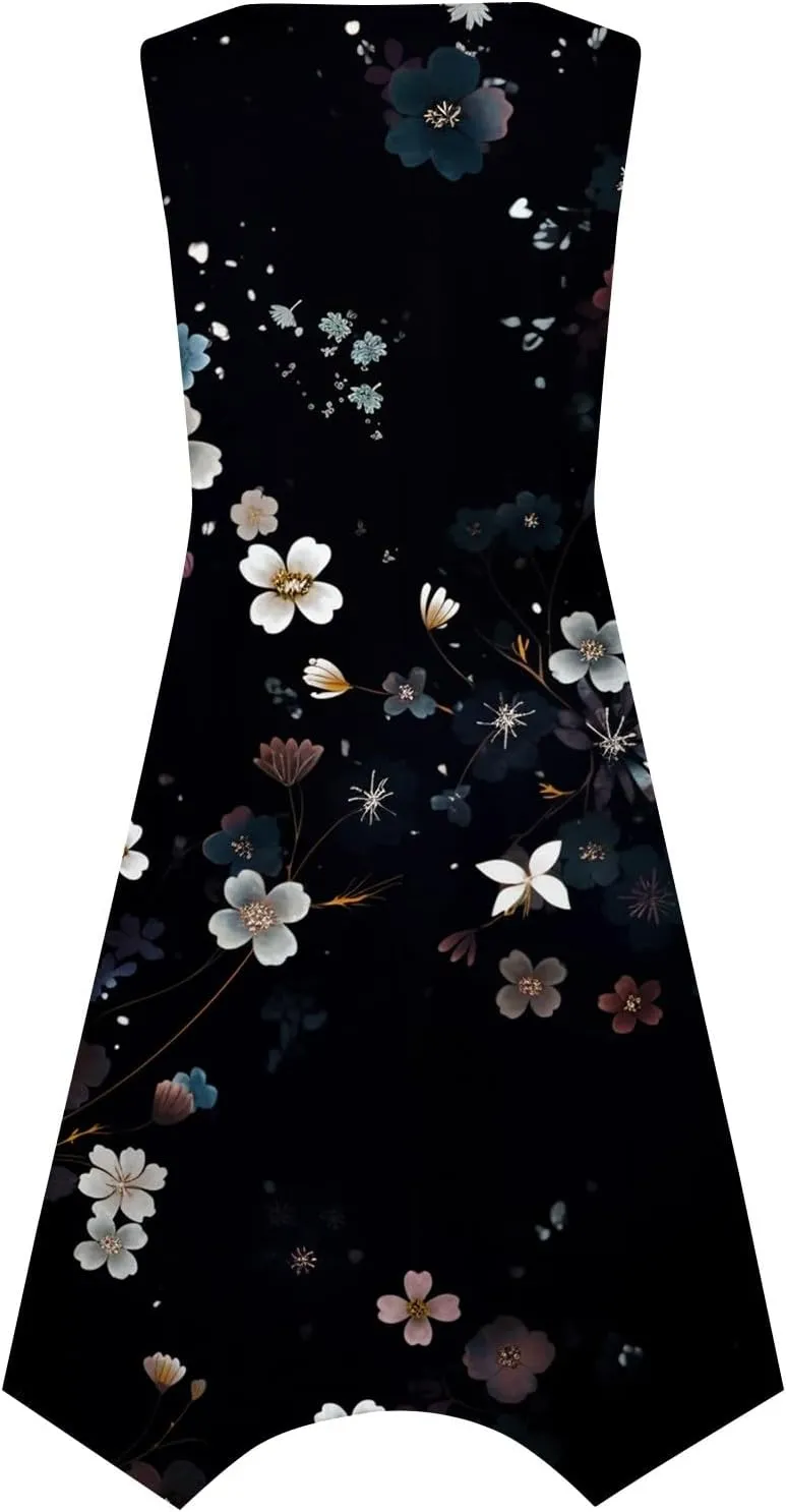 Casual Summer Dresses for Women 2024 Vacation Sleeveless Sundress Midi Loose Hankerchief Hem Beach Dress Tank Dress