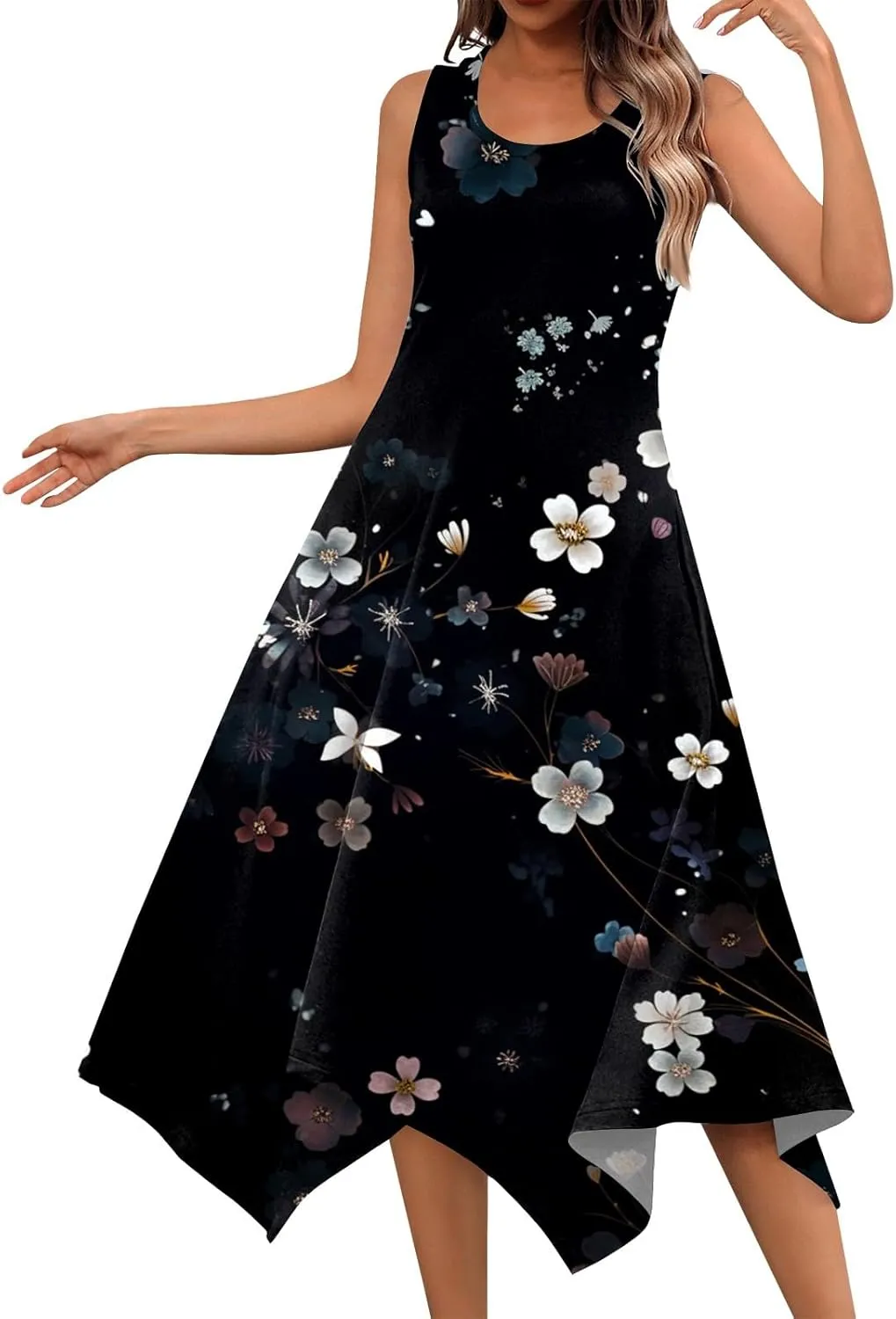 Casual Summer Dresses for Women 2024 Vacation Sleeveless Sundress Midi Loose Hankerchief Hem Beach Dress Tank Dress