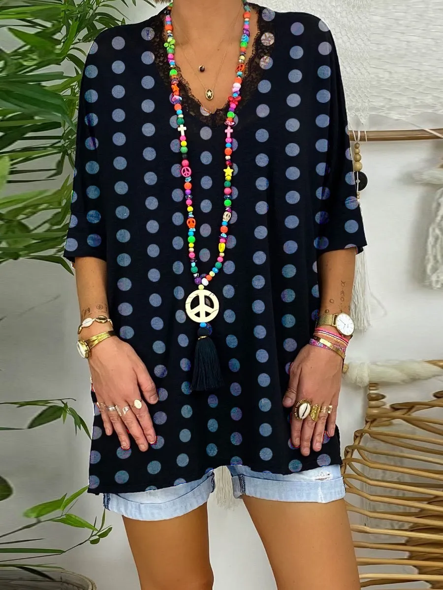 Casual V-Neck Polka Dot Print T-Shirt