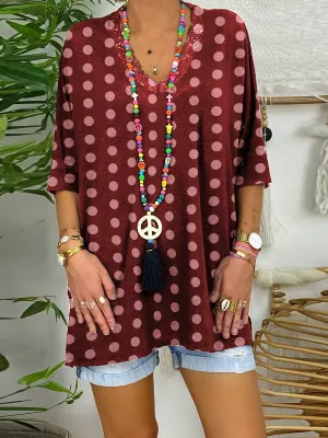 Casual V-Neck Polka Dot Print T-Shirt