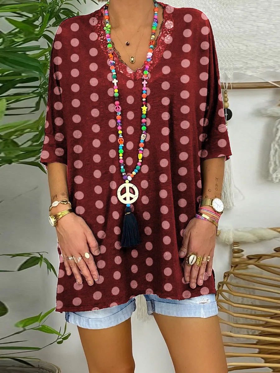Casual V-Neck Polka Dot Print T-Shirt