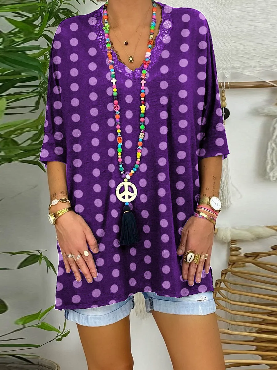 Casual V-Neck Polka Dot Print T-Shirt
