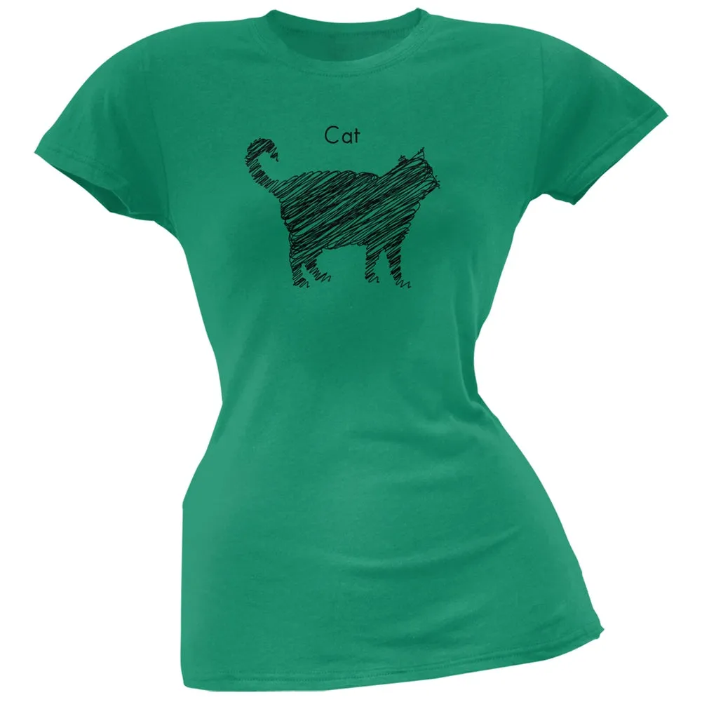 Cat Scribble Drawing Kelly Green Juniors Soft T-Shirt
