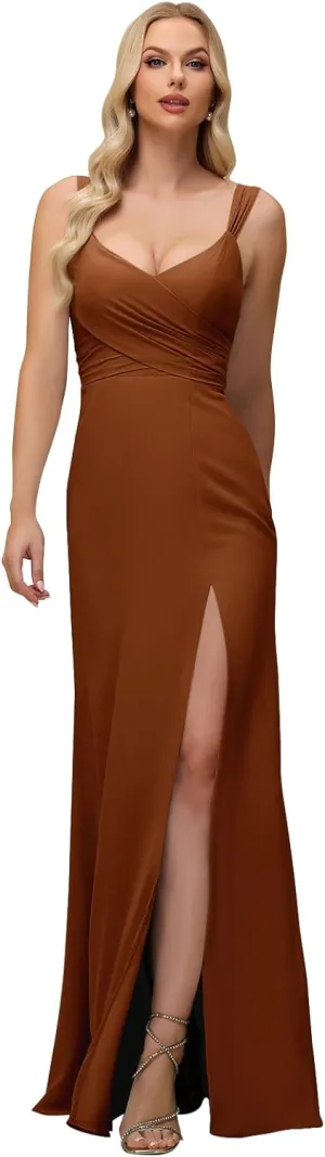 Chiffon Bridesmaid Dresses for Women 2025 Pleated Straps Formal Gown Mermaid V Neck Evening Dress with Slit