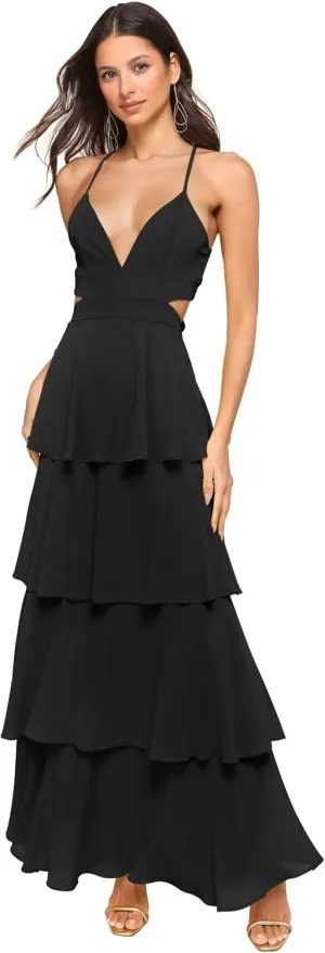 Chiffon Bridesmaid Dresses for Women Spaghetti Straps Tiered Ruffle Formal Party Dress