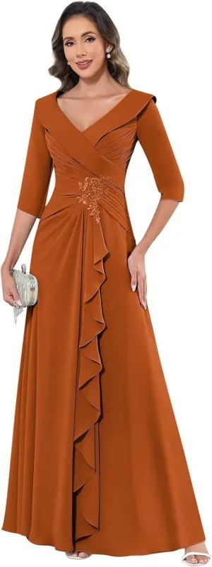 Chiffon Mother of The Bride Dresses for Women Petite with Sleeves V Neck Lace Applique Formal Evening Dress