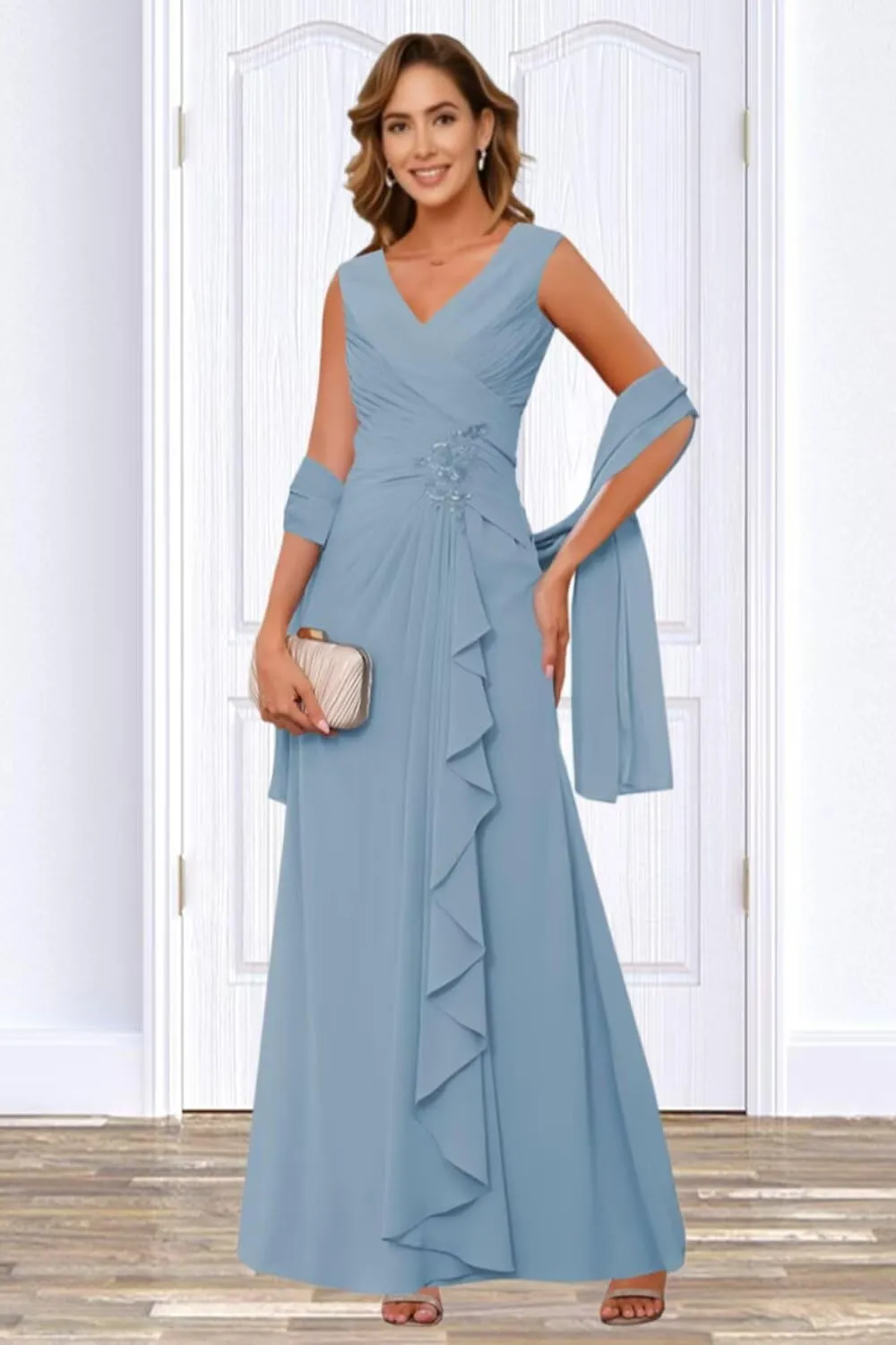 Chiffon Mother of The Bride Dresses for Women V Neck Beaded A Line Ruffle Formal Evening Gowns with Cape
